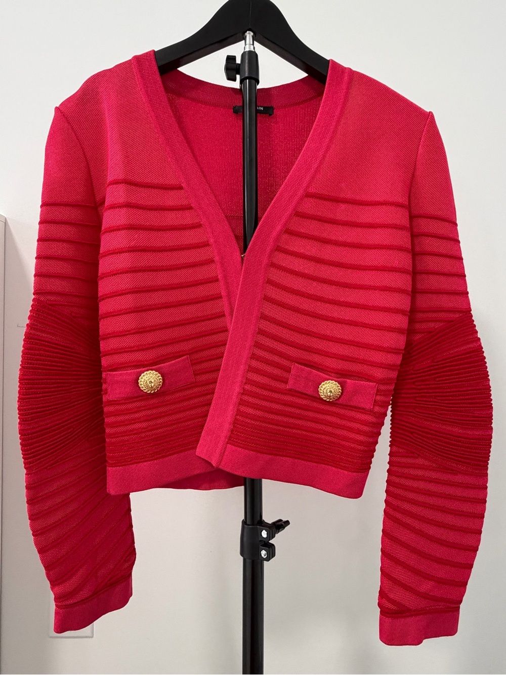 Balmain Hot Pink Ribbed V-Neck Cardigan with Gold-Tone Buttons